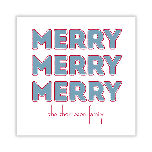 personalize nontraditional Christmas gift tag with outlined Merry trio and name, ShooFly Paper Co. Auburn, Alabama