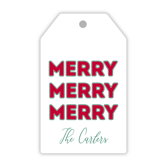 personalized gift tag with merry trio, ShooFly Paper Co. Auburn, Alabama