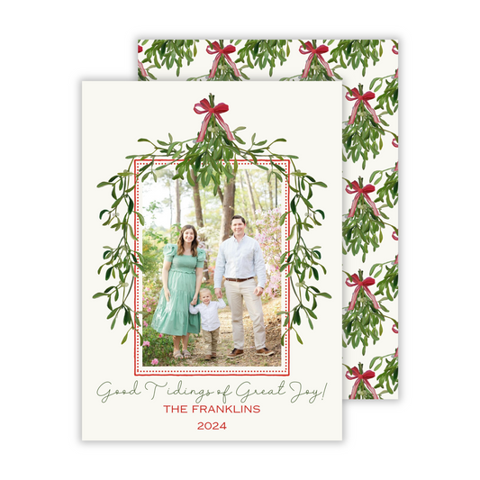 photo christmas card with red & green mistletoe frame and mistletoe bundles bouquets, ShooFly Paper Co. Auburn, Alabama