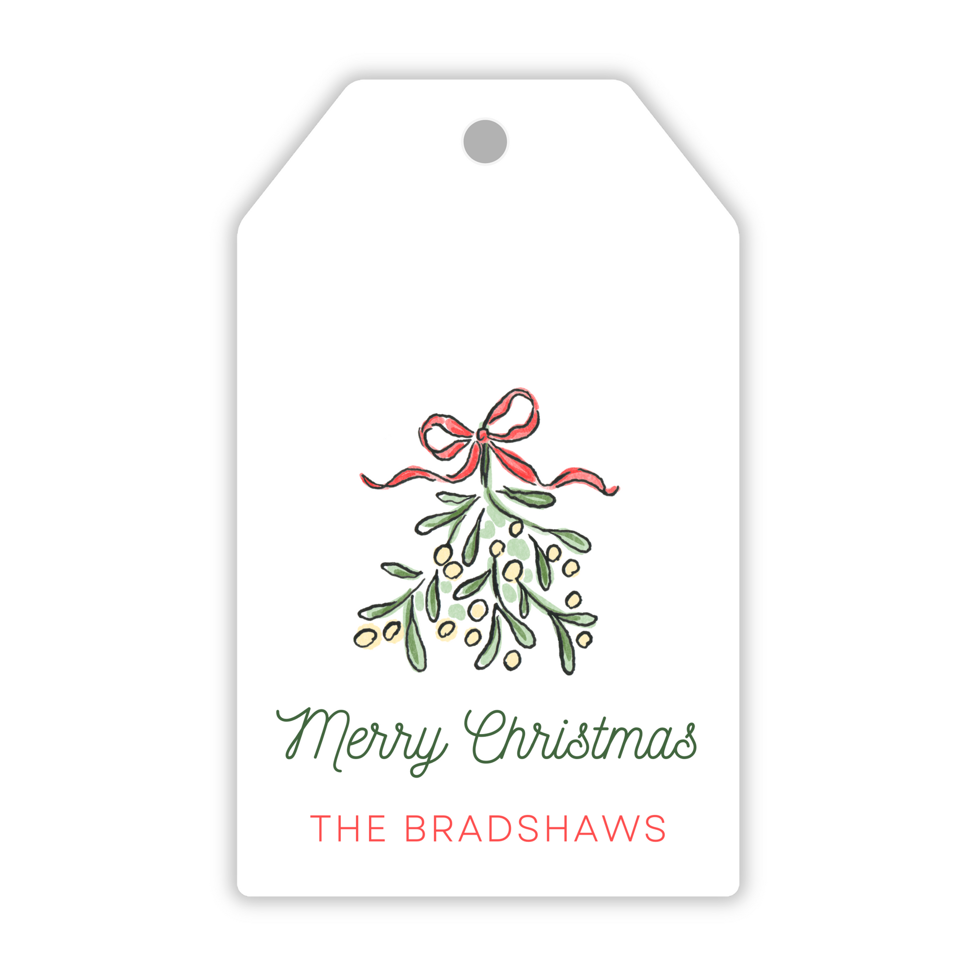 personalized Christmas hanging gift tag with watercolor mistletoe, ShooFly Paper Co. Auburn, Alabama