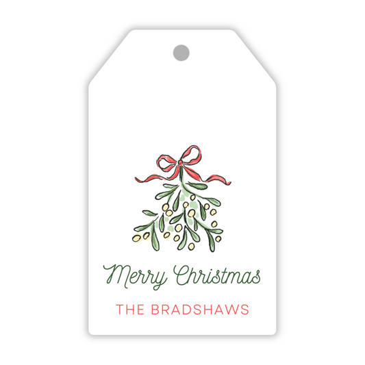 personalized Christmas hanging gift tag with watercolor mistletoe, ShooFly Paper Co. Auburn, Alabama