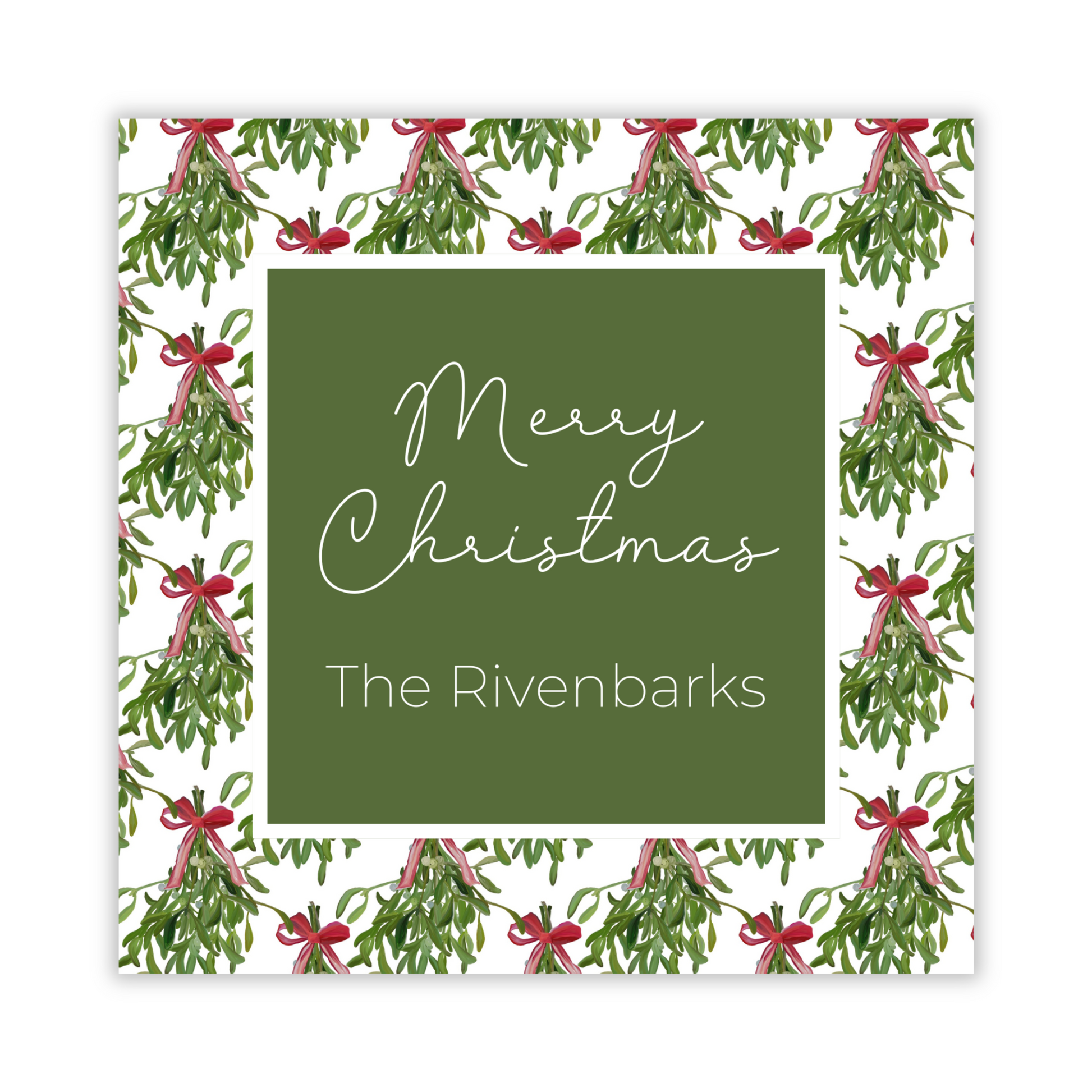 personalized square gift tag with watercolor mistletoe background and merry christmas, ShooFly Paper Co. Auburn, Alabama