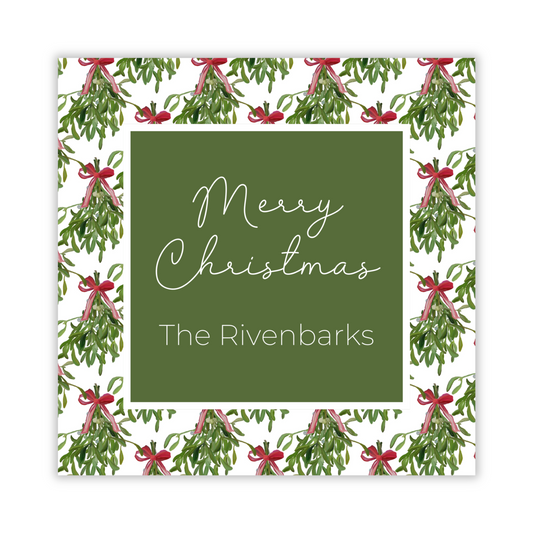personalized square gift tag with watercolor mistletoe background and merry christmas, ShooFly Paper Co. Auburn, Alabama