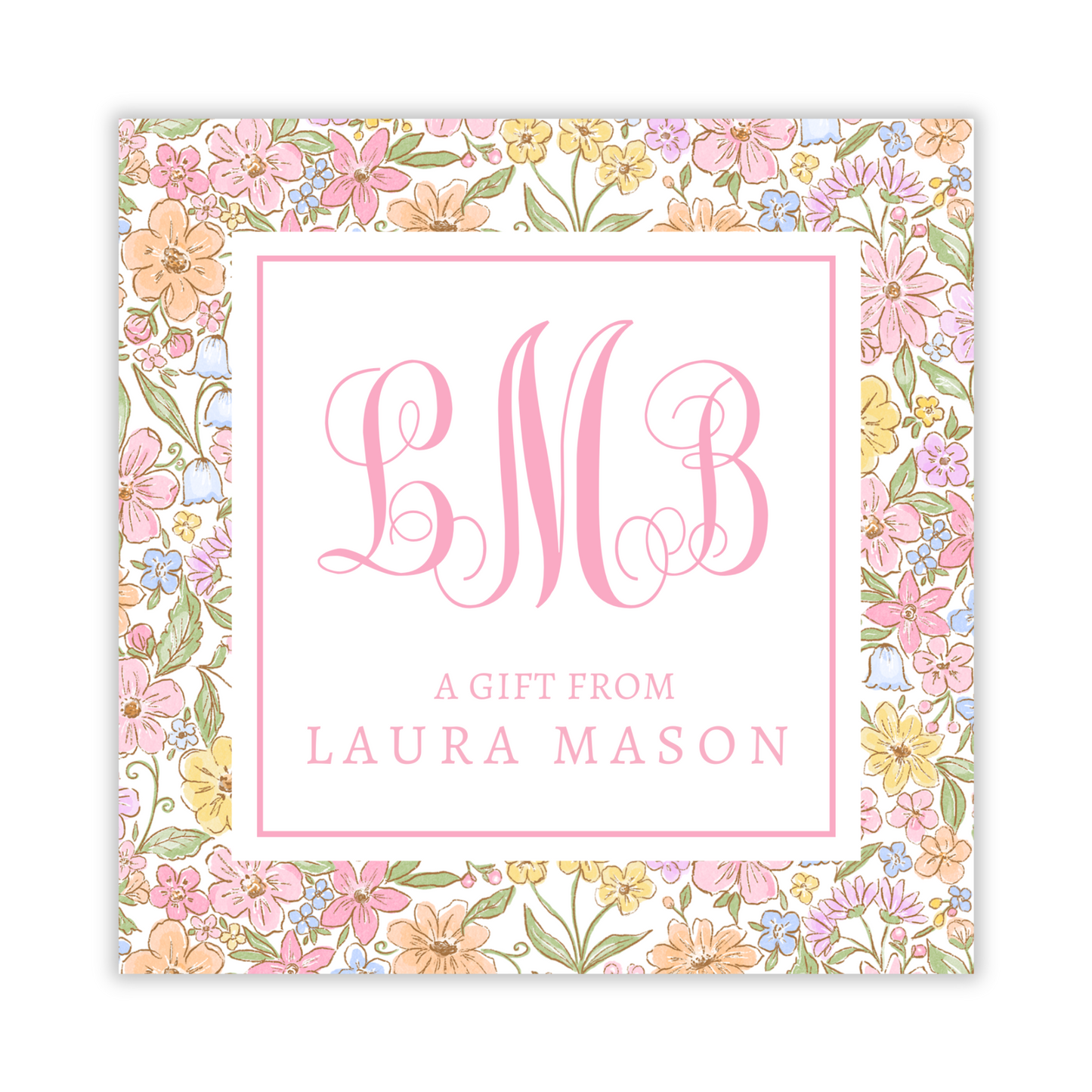 gift tag with floral background and script vine monogram, ShooFly Paper Co. Auburn, Alabama
