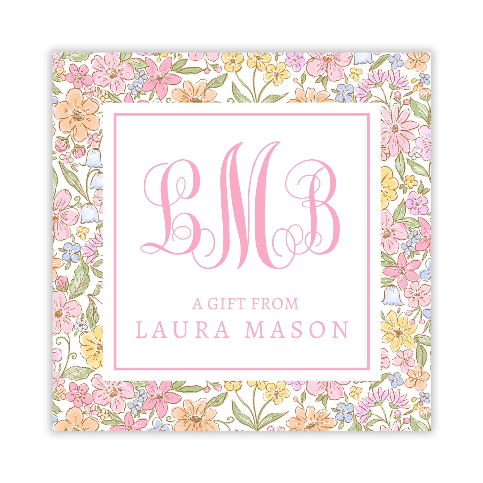 gift tag with floral background and script vine monogram, ShooFly Paper Co. Auburn, Alabama