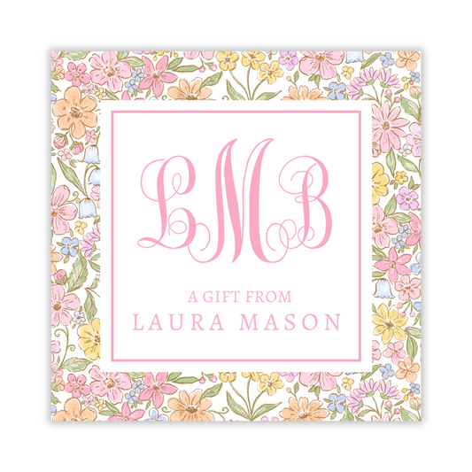 gift tag with floral background and script vine monogram, ShooFly Paper Co. Auburn, Alabama