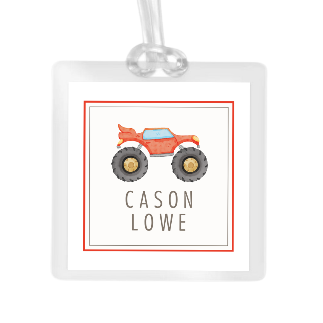 personalized laminated bag tag with watercolor monster truck and simple font name, ShooFly Paper Co. Auburn, Alabama