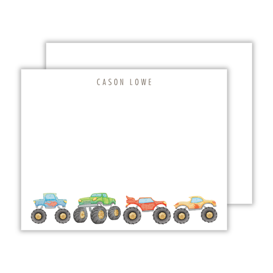 personalized notecard with with simple name at the top and watercolor monster trucks across the bottom, ShooFly Paper Co. Auburn, Alabama