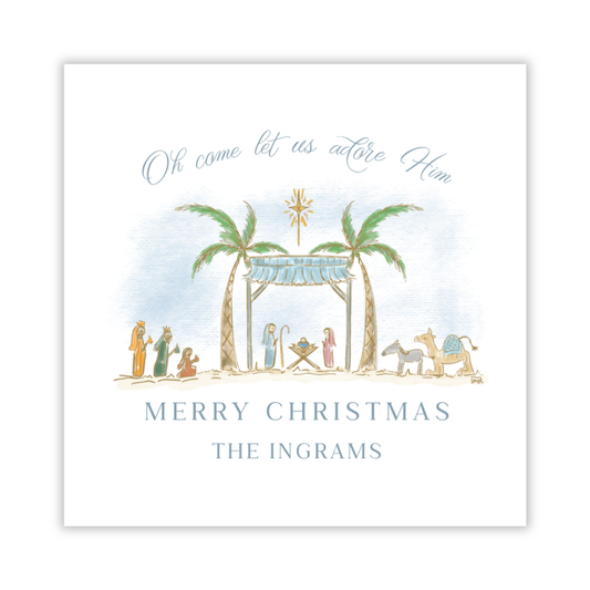 personalized Christmas gift tag with drawn nativity and oh come let us adore him, ShooFly Paper Co. Auburn, Alabama