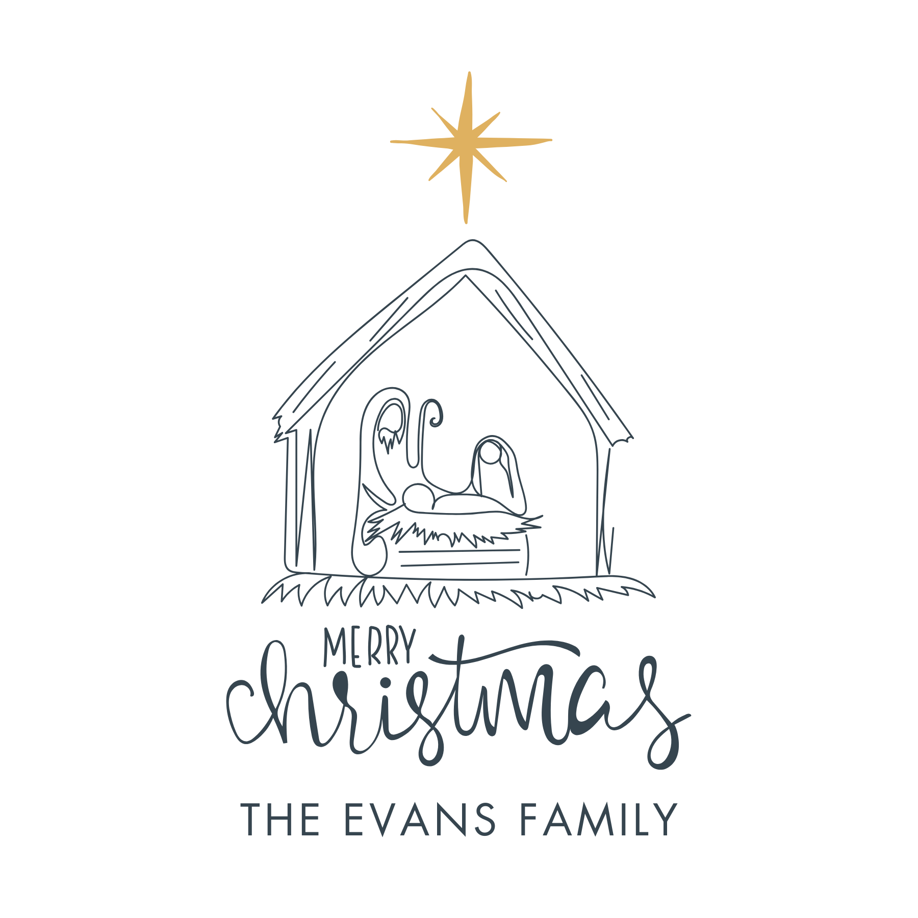 Christmas gift tag with sketch nativity & yellow star, ShooFly Paper Co. Auburn, Alabama