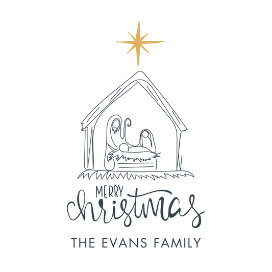 Christmas gift tag with sketch nativity & yellow star, ShooFly Paper Co. Auburn, Alabama