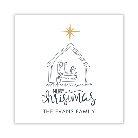 personalized gift tag with drawn nativity and gold star, ShooFly Paper Co. Auburn, Alabama