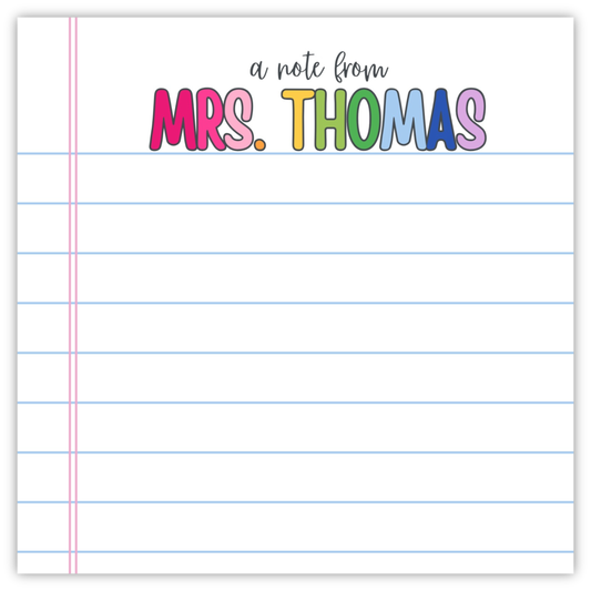 personalized teacher notepad with construction paper background and multicolor name, ShooFly Paper Co. Auburn, Alabama