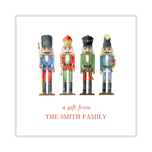 personalized christmas gift tag with four colorful nutcracker figurines with a personalized message on a white background, ShooFly Paper Co. Auburn, Alabama