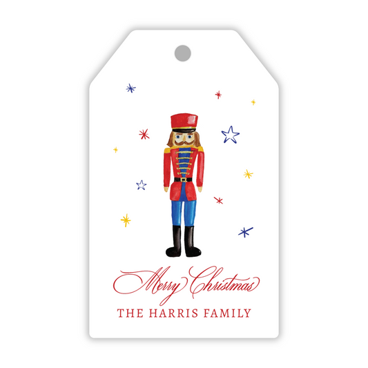 personalized hanging gift tag with watercolor nutcracker & stars and merry christmas greeting, ShooFly Paper Co. Auburn, Alabama