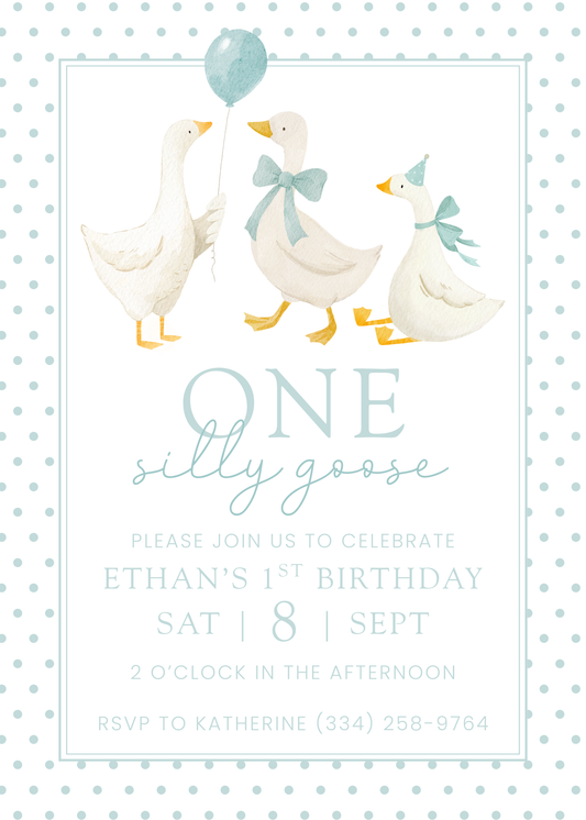 baby's first birthday, one silly goose birthday party invitation, ShooFly Paper Co. Auburn, Alabama