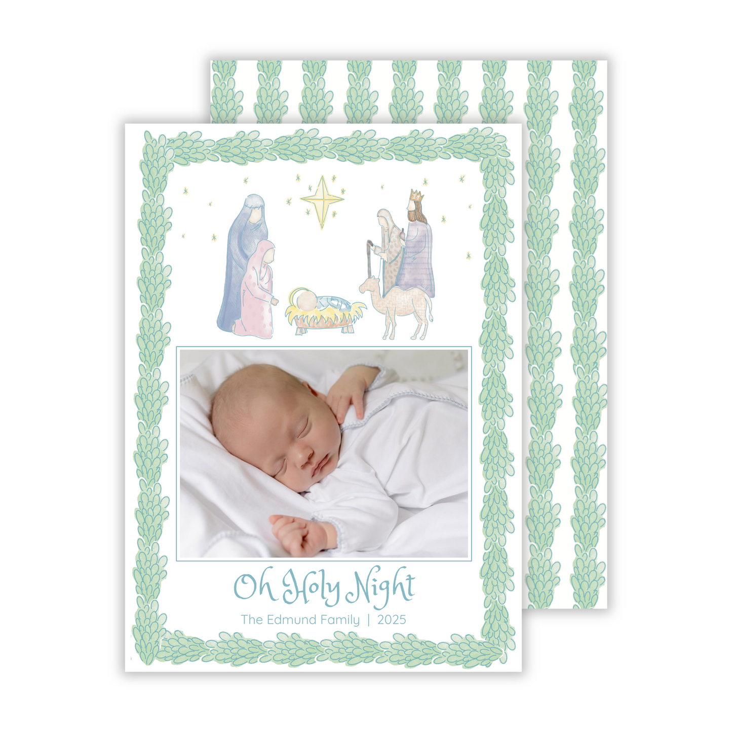 nativity photo christmas card with watercolor laurel border and Oh Holy Night text, ShooFly Paper Co. Auburn, Alabama
