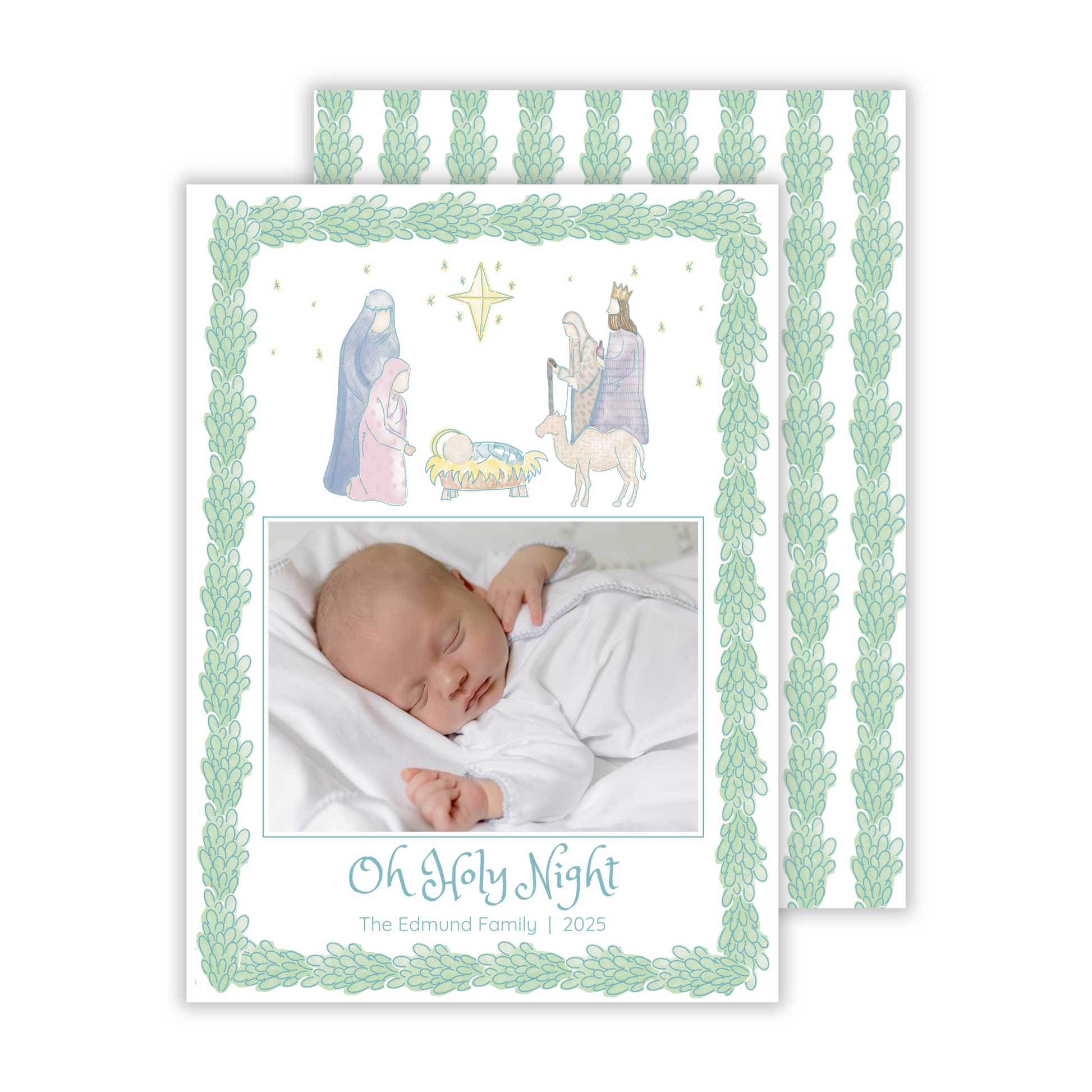 nativity photo christmas card with watercolor laurel border and Oh Holy Night text, ShooFly Paper Co. Auburn, Alabama