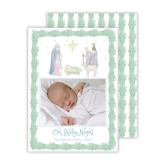nativity photo christmas card with watercolor laurel border and Oh Holy Night text, ShooFly Paper Co. Auburn, Alabama