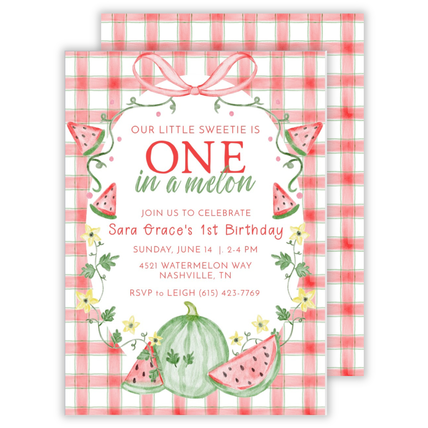 personalized birthday party invitation for a watermelon themed first birthday, one in a melon, ShooFly Paper Co. Auburn, Alabama