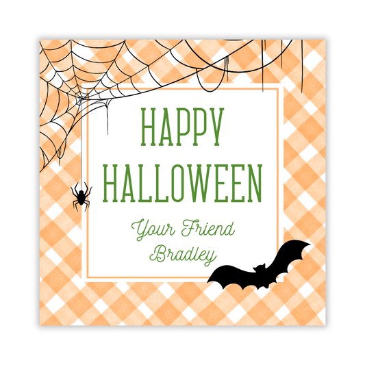 orange gingham halloween tag with spiders & bats; ShooFly Paper Co. Auburn, Alabama