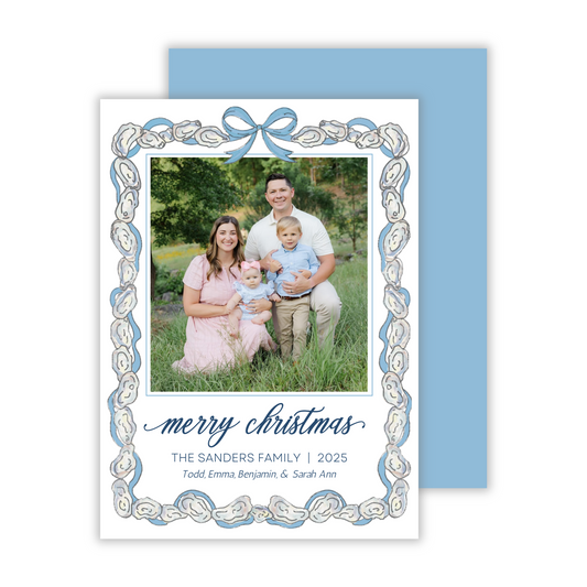 photo christmas card with oyster shell border & blue bow, ShooFly Paper Co. Auburn, Alabama