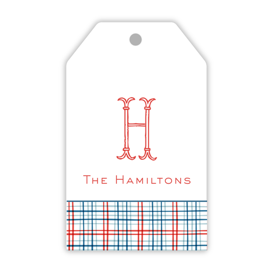 personalized gift tag with patriotic plaid pattern, ShooFly Paper Co. Auburn, Alabama