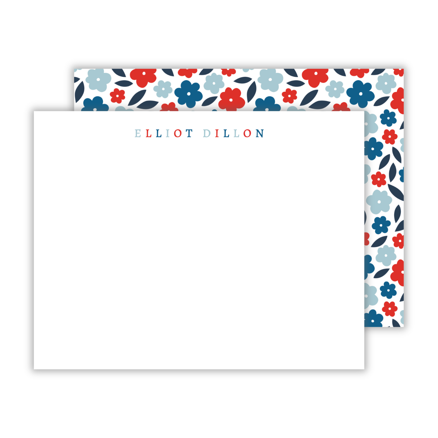 personalized notecard set with red, white, and blue floral pattern on the back, ShooFly Paper Co. Auburn, Alabama