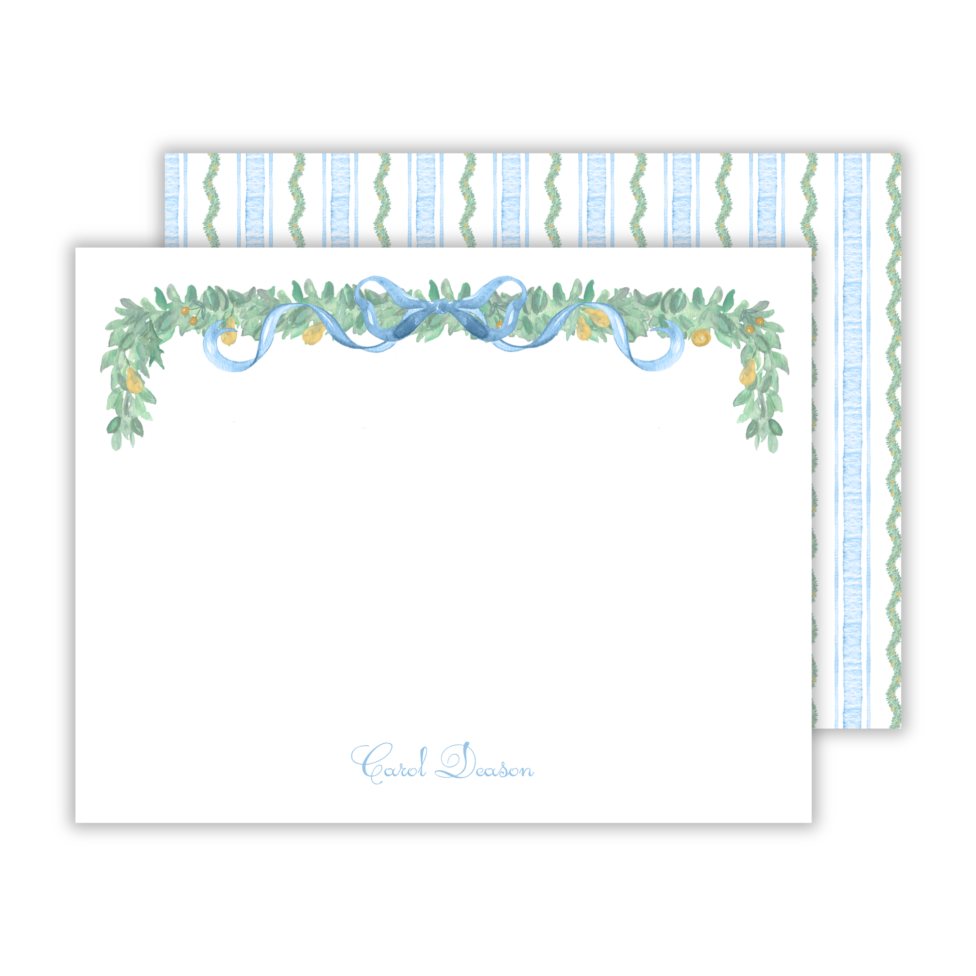 personalized notecard set with watercolor pear garland and fancy script name, ShooFly Paper Co. Auburn, Alabama