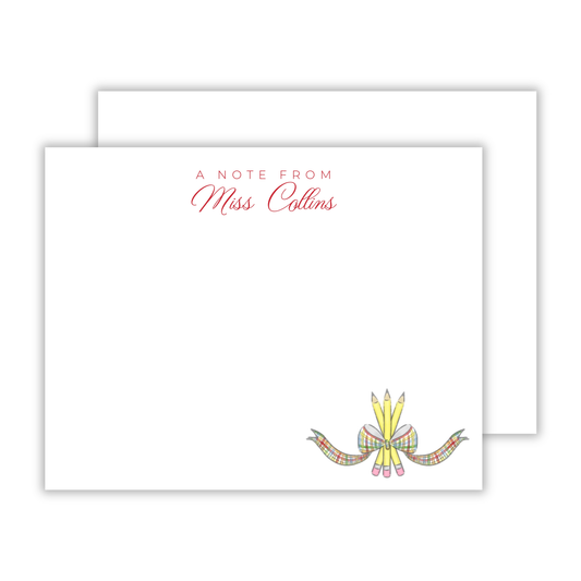 personalized stationery with teacher name at the top and drawn bundle of pencils tied with a bow in the bottom right corner, ShooFly Paper Co. Auburn, Alabama
