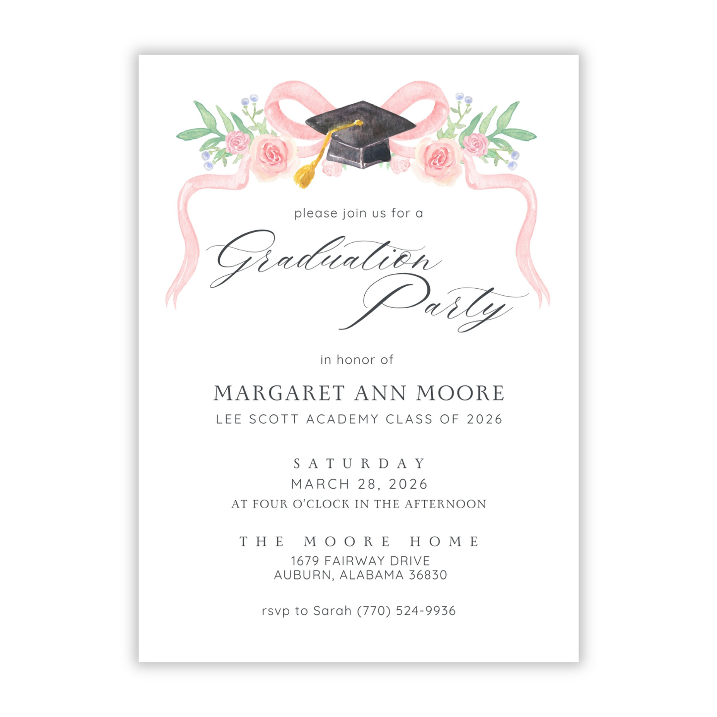 graduation party invitation with watercolor pink bow with graduation hat, ShooFly Paper Co. Auburn, Alabama