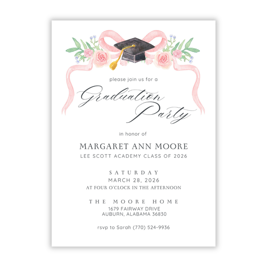 graduation party invitation with watercolor pink bow with graduation hat, ShooFly Paper Co. Auburn, Alabama
