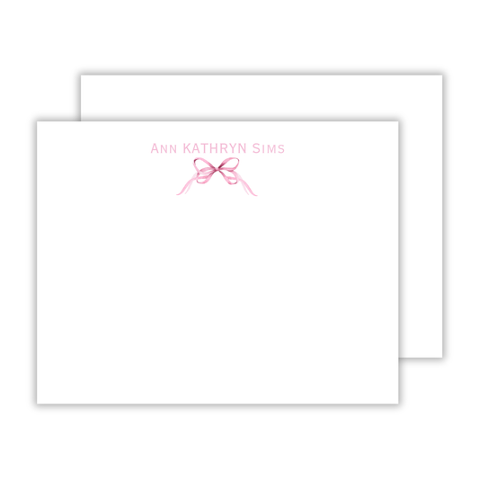 personalized notecard set with pink bow and serif font name, ShooFly Paper Co. Auburn, Alabama