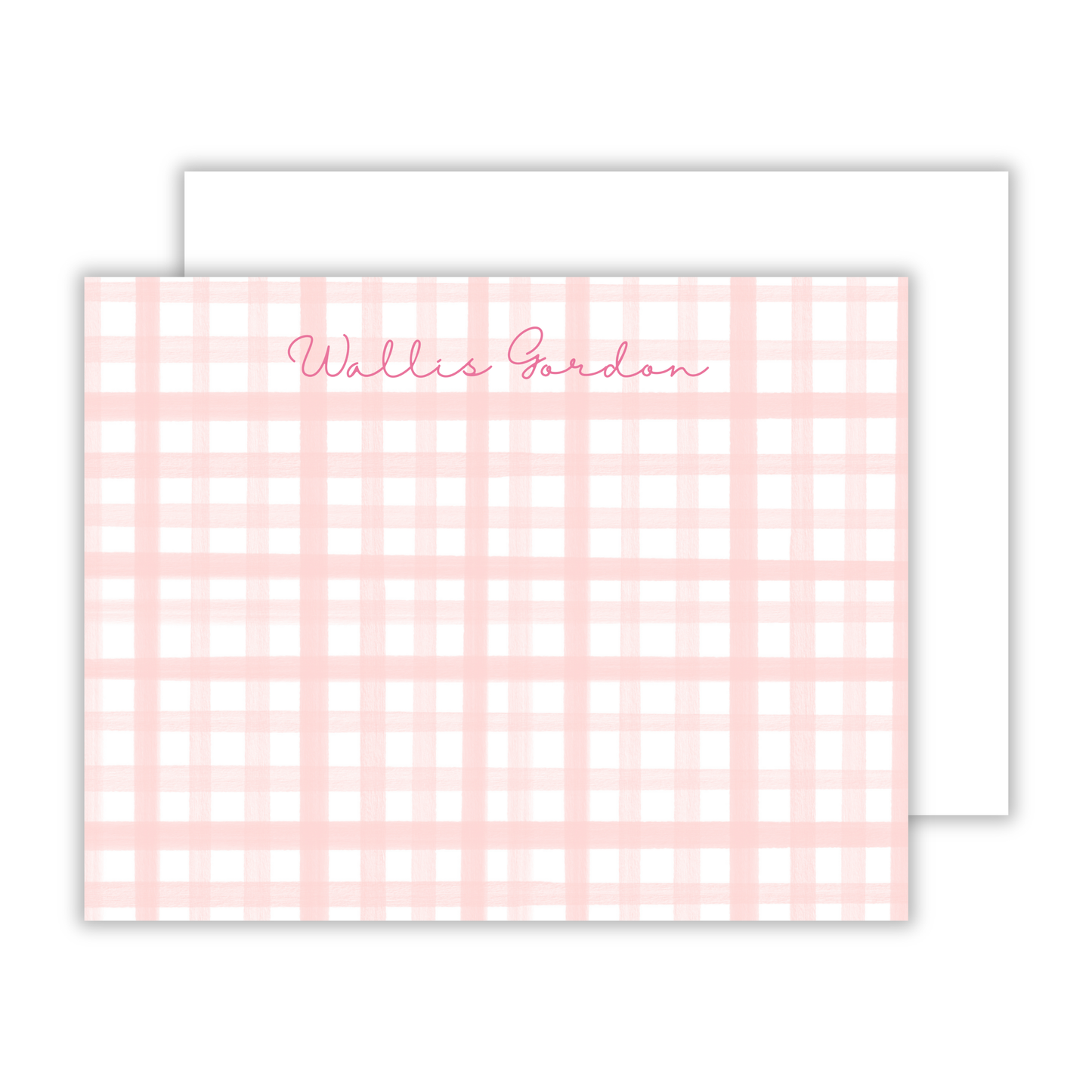personalized notecard set with pink gingham background and pink script name, ShooFly Paper Co. Auburn, Alabama