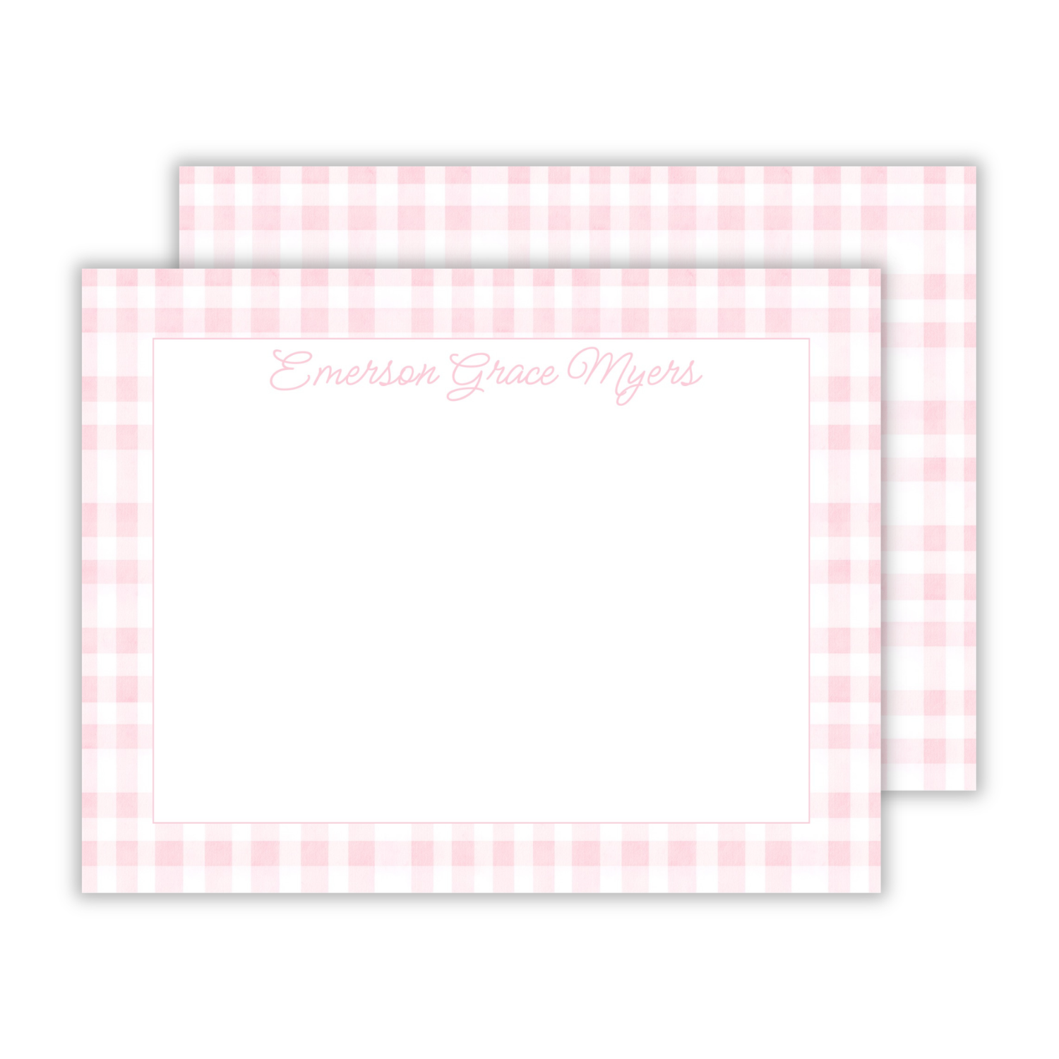 personalized notecard set with pink gingham background, ShooFly Paper Co. Auburn, Alabama