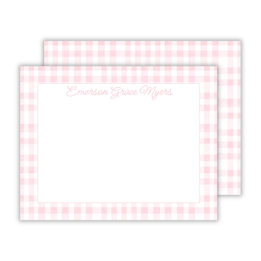 personalized notecard set with pink gingham background, ShooFly Paper Co. Auburn, Alabama