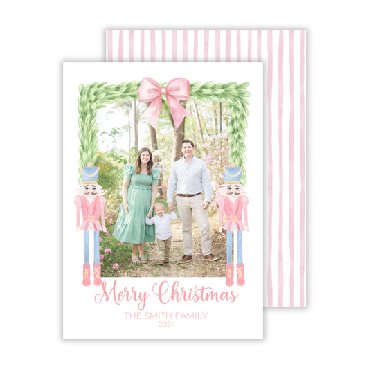 photo christmas card with pink and blue nutcrackers and striped background, ShooFly Paper Co. Auburn, Alabama