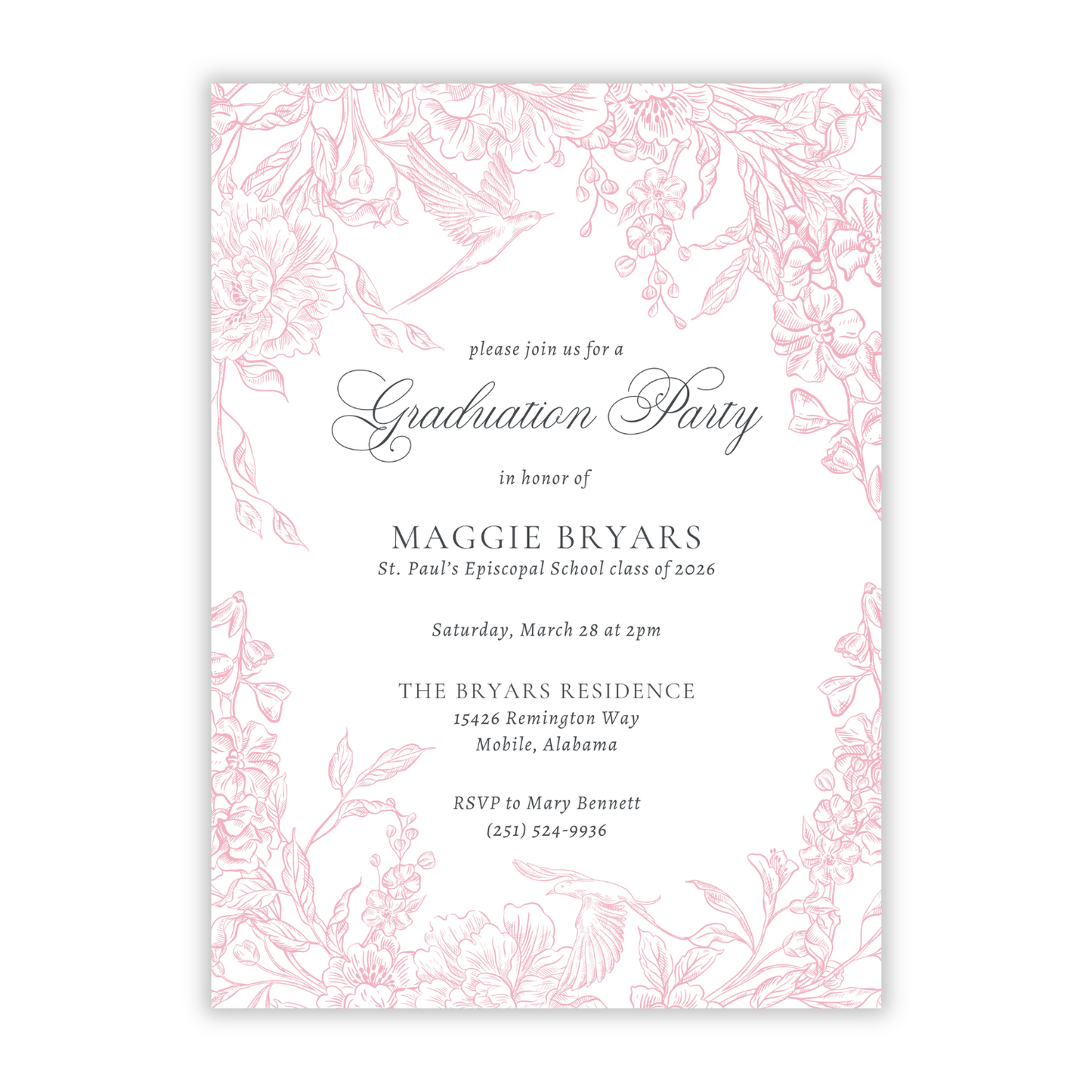 graduation party invitation with pink toile border, ShooFly Paper Co. Auburn, Alabama