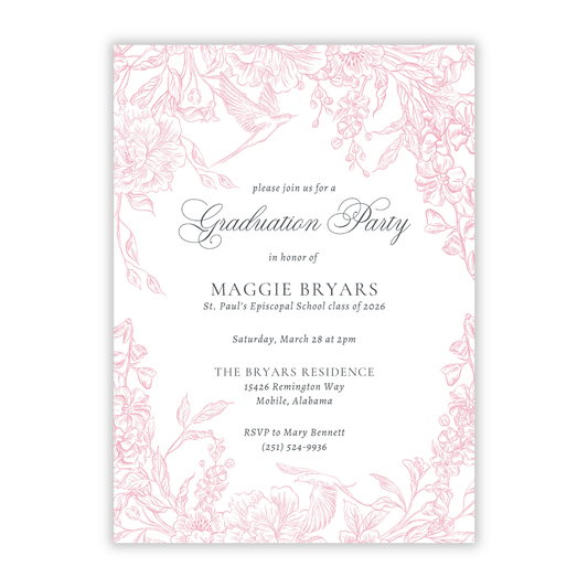 graduation party invitation with pink toile border, ShooFly Paper Co. Auburn, Alabama