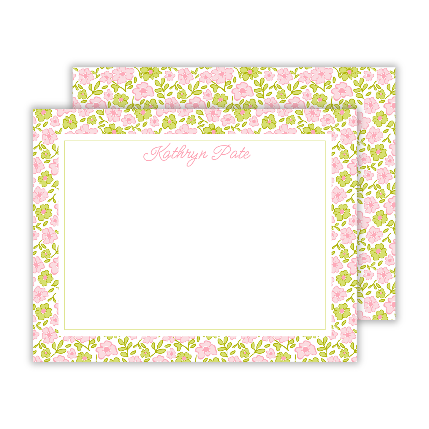 floral notecard, pink & chartreuse, script name personalized ShooFly Paper Co.