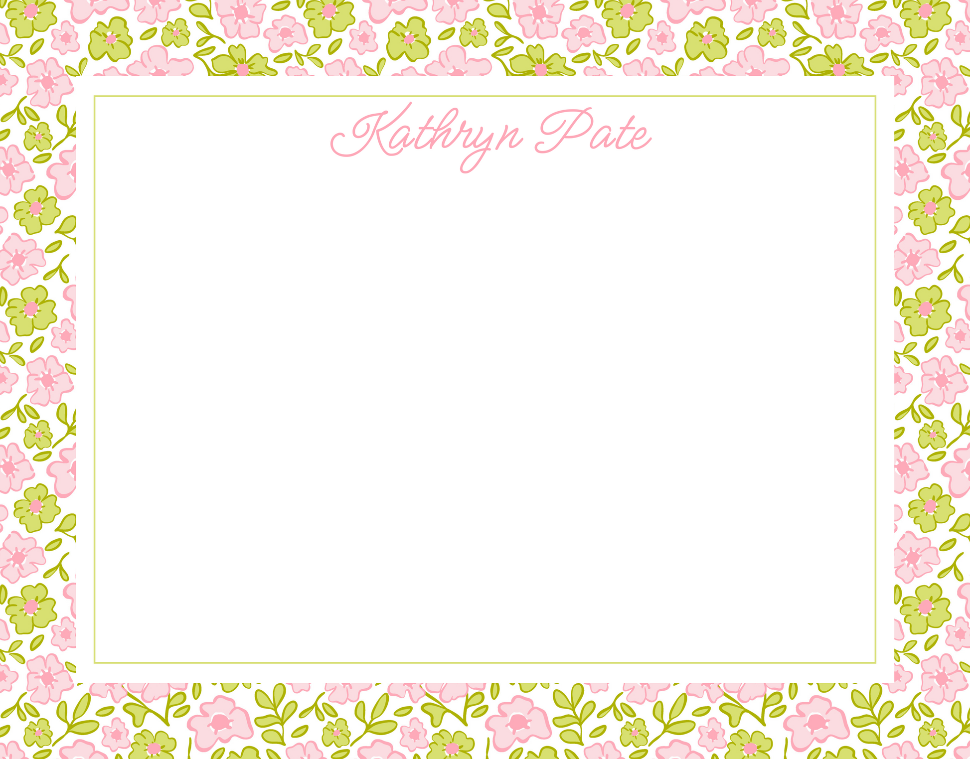 floral notecard, pink & chartreuse, script name personalized ShooFly Paper Co.