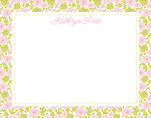 floral notecard, pink & chartreuse, script name personalized ShooFly Paper Co.