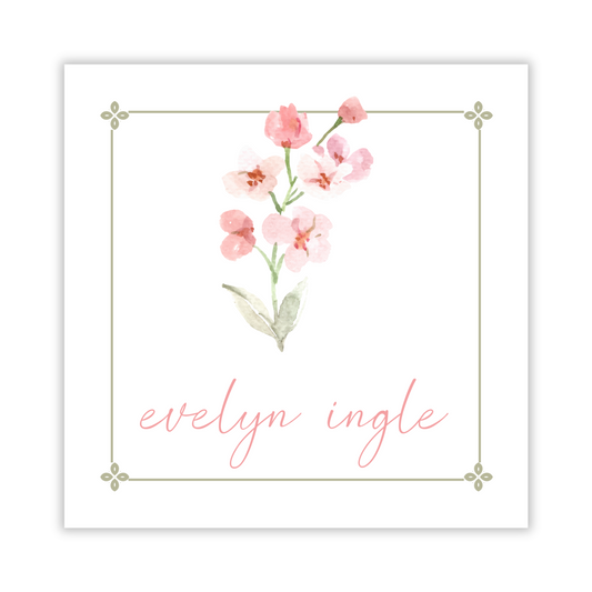 personalized gift tag for women with dainty watercolor pink flower and script name, ShooFly Paper Co. Auburn, Alabama