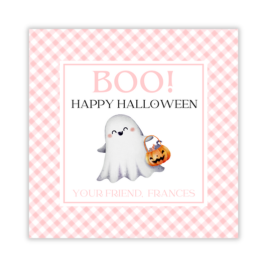 pink gingham halloween gift tag with friendly ghost; ShooFly Paper Co. Auburn, Alabama