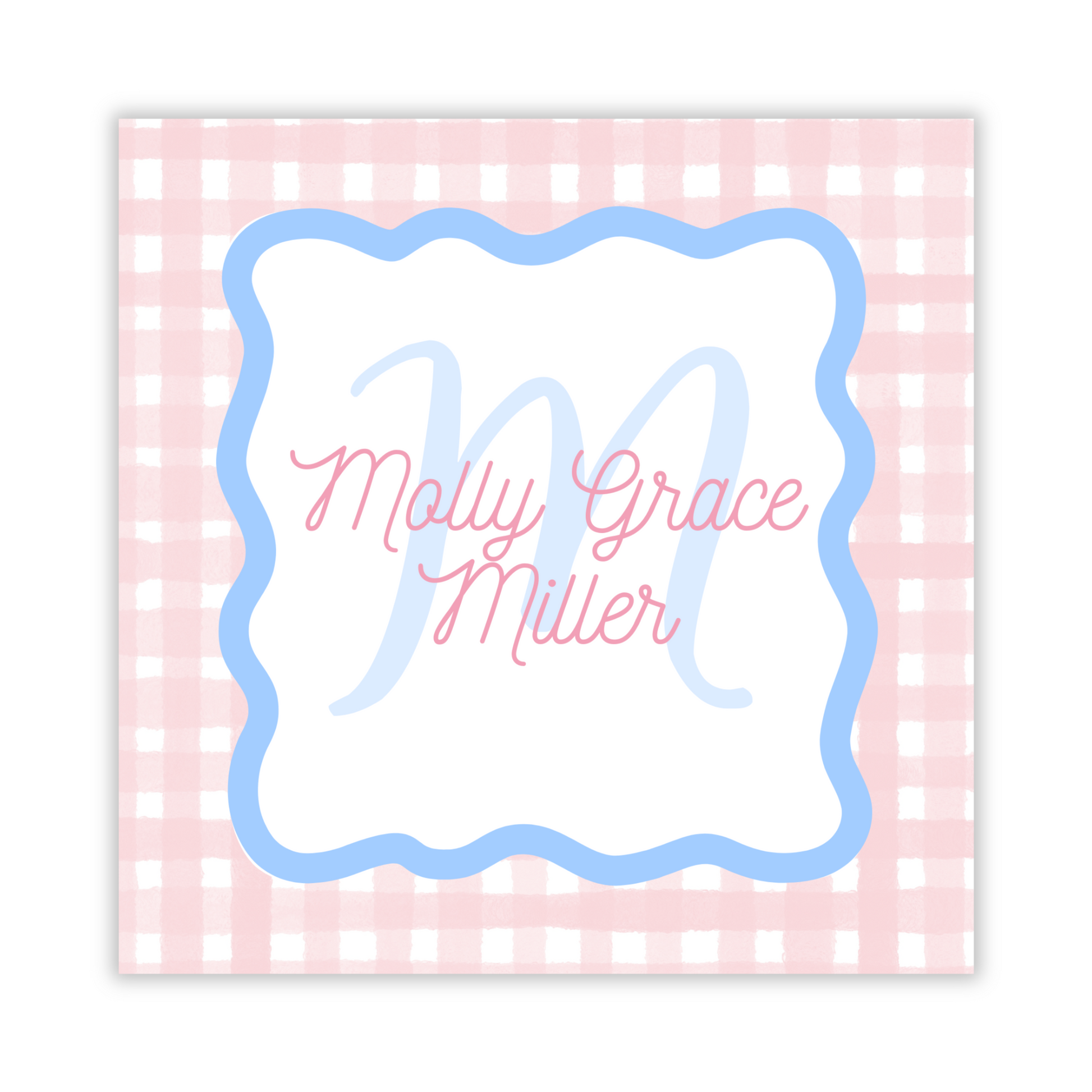personalized gift tag with pink gingham background and blue wavy frame, ShooFly Paper Co. Auburn, Alabama