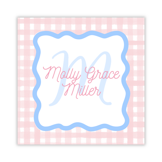personalized gift tag with pink gingham background and blue wavy frame, ShooFly Paper Co. Auburn, Alabama