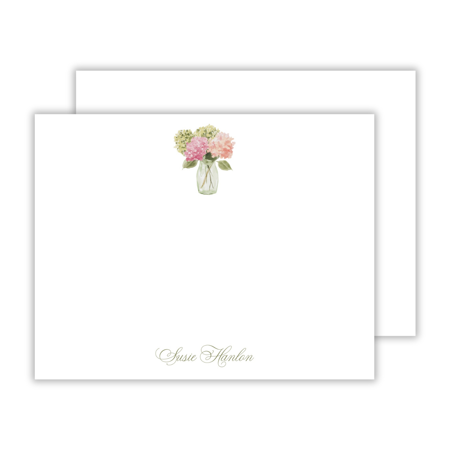 personalized stationery set with watercolor graphic of pink and green hydrangeas in a vase and a script font name in green, ShooFly Paper Co. Auburn, Alabama