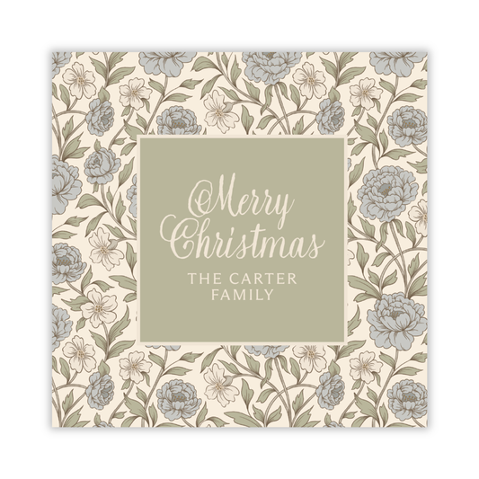 personalized Christmas gift tag with neutral floral pattern, ShooFly Paper Co. Auburn, Alabama