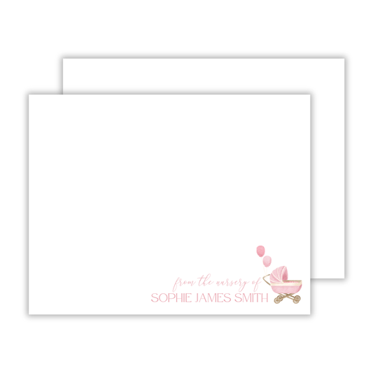 baby gift, thank you note for baby shower with pink pram stroller, ShooFly Paper Co. Auburn, Alabama