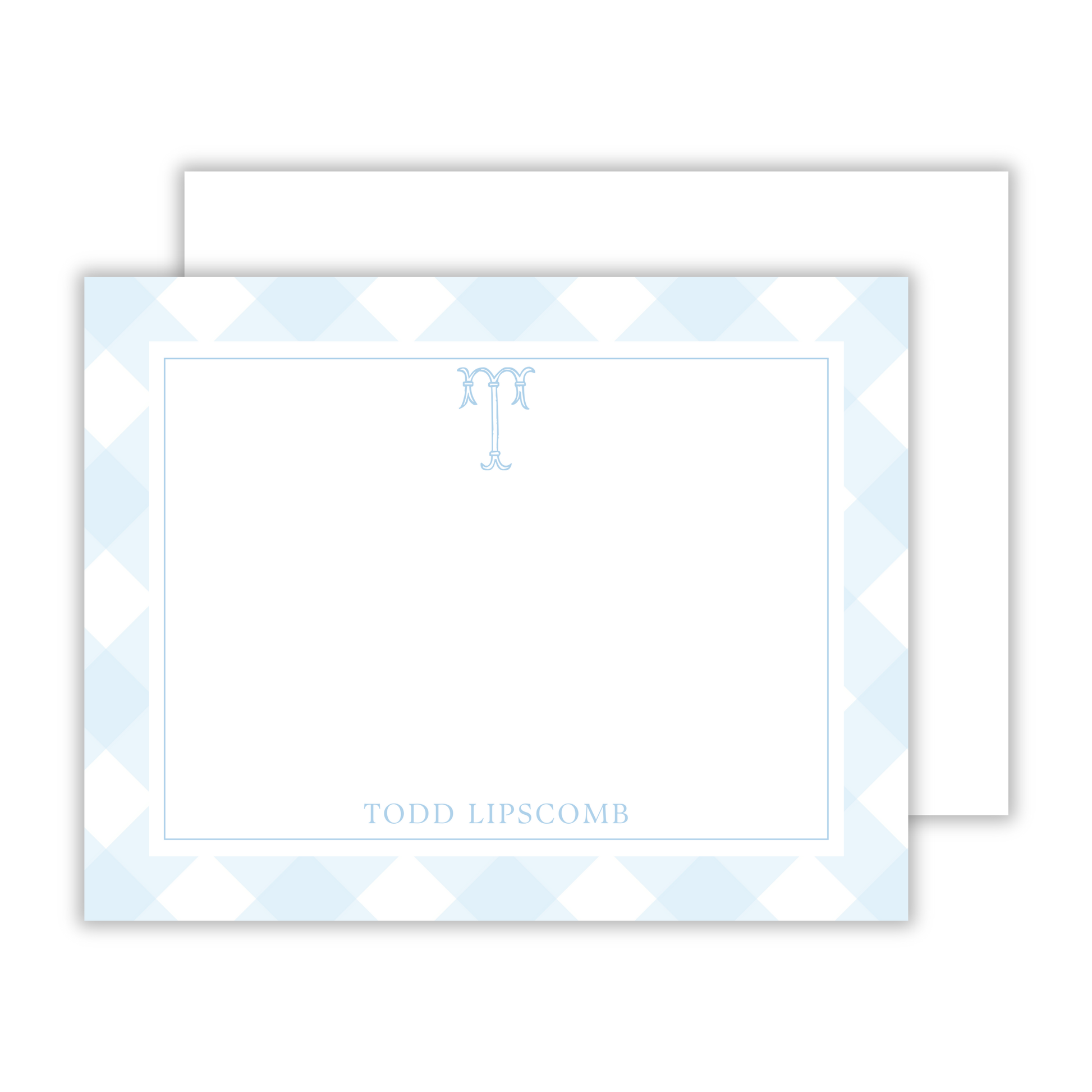 personalized notecard with blue gingham background and preppy initial, ShooFly Paper Co. Auburn, Alabama